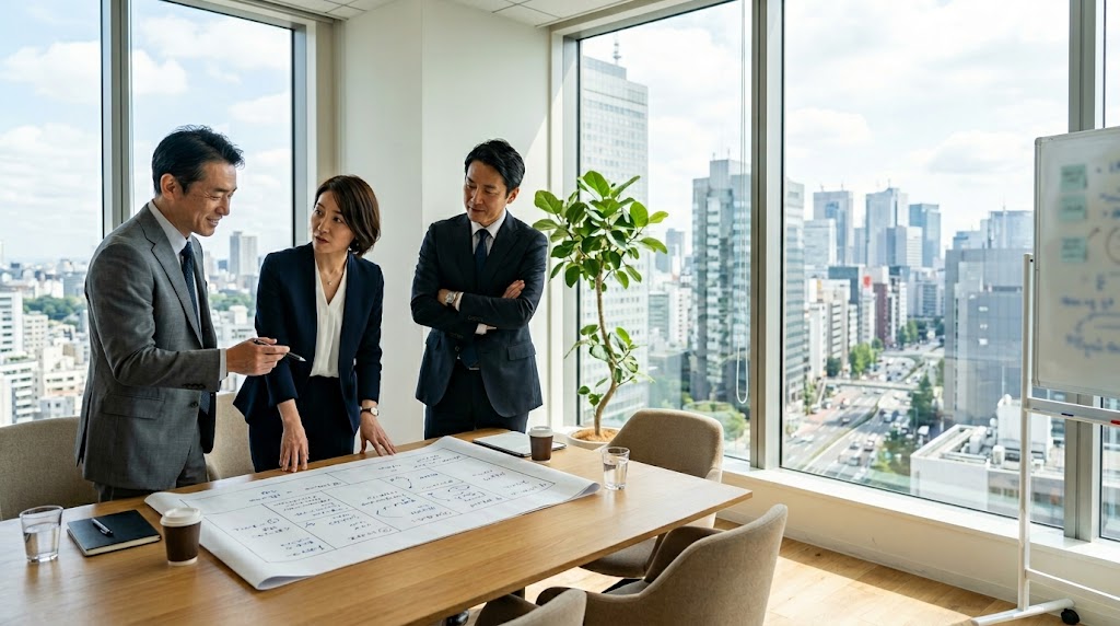 事業の設計図を囲んで対話する日本の経営者たち