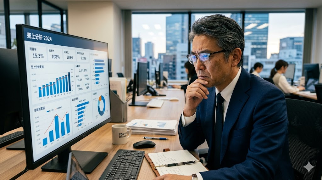 データ分析とダッシュボードで意思決定を行うビジネスパーソン